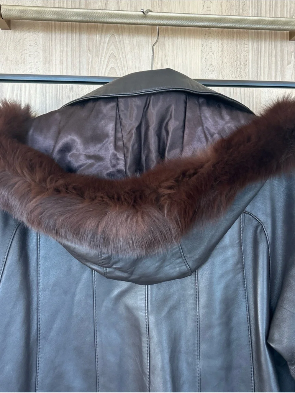 Vintage Leather Coat Womens M Brown Lamb Leather Fur Trim Hood Made Canada Long - Picture 6 of 15